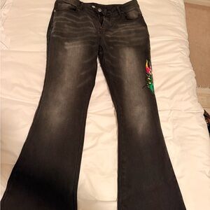 Women's Black Flared Jeans with Embroidered Detail